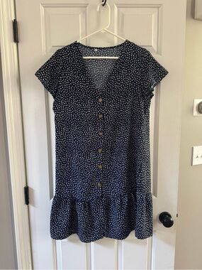 Navy Dot Button-Front Ruffle Hem Dress